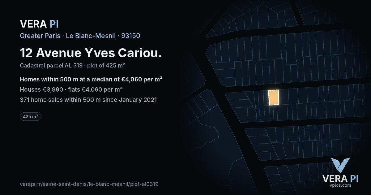 12 Avenue Yves Cariou, Le Blanc-Mesnil at night – the plot lit, the parcels around coloured by the prices near them