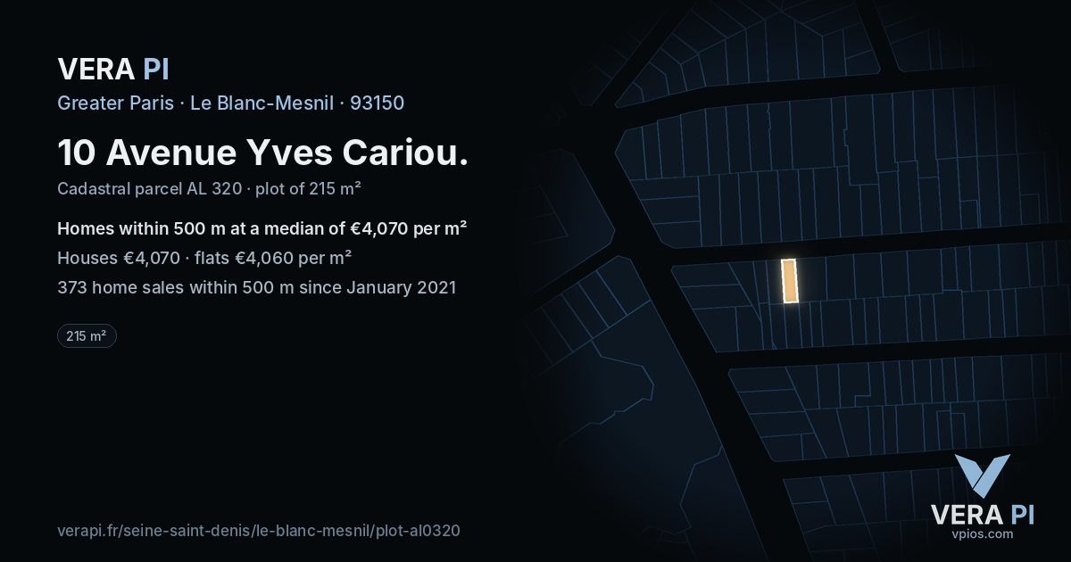 10 Avenue Yves Cariou, Le Blanc-Mesnil at night – the plot lit, the parcels around coloured by the prices near them