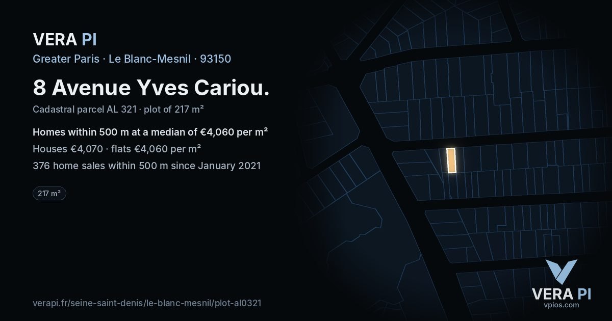 8 Avenue Yves Cariou, Le Blanc-Mesnil at night – the plot lit, the parcels around coloured by the prices near them