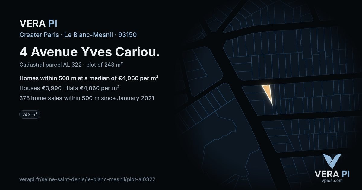 4 Avenue Yves Cariou, Le Blanc-Mesnil at night – the plot lit, the parcels around coloured by the prices near them