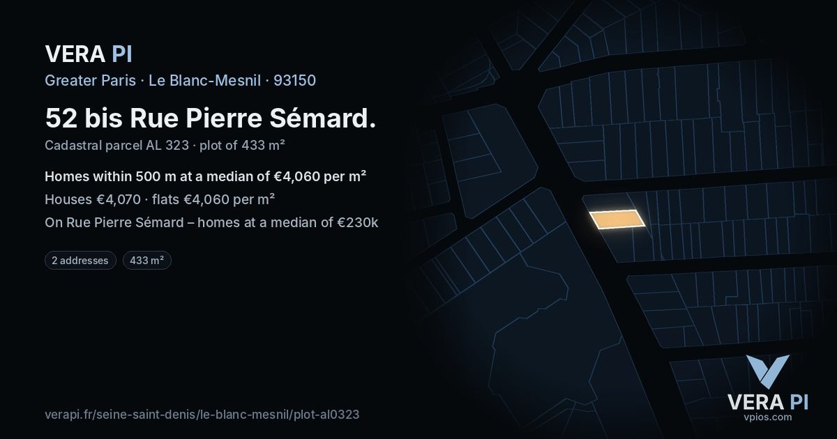 52 bis Rue Pierre Sémard, Le Blanc-Mesnil at night – the plot lit, the parcels around coloured by the prices near them