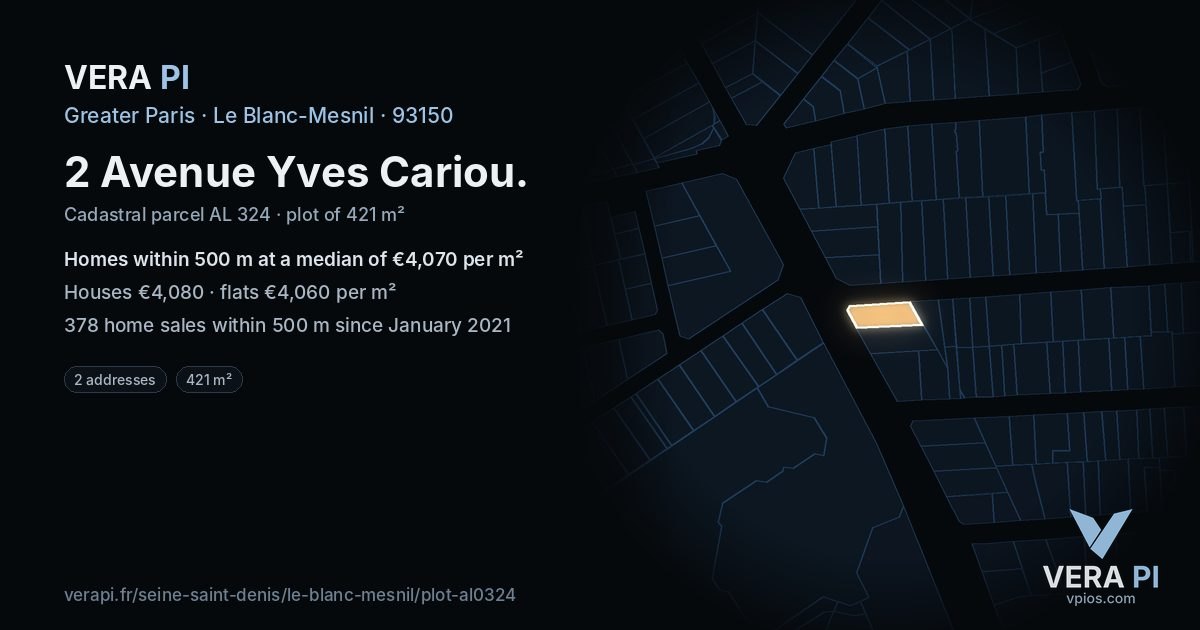 2 Avenue Yves Cariou, Le Blanc-Mesnil at night – the plot lit, the parcels around coloured by the prices near them