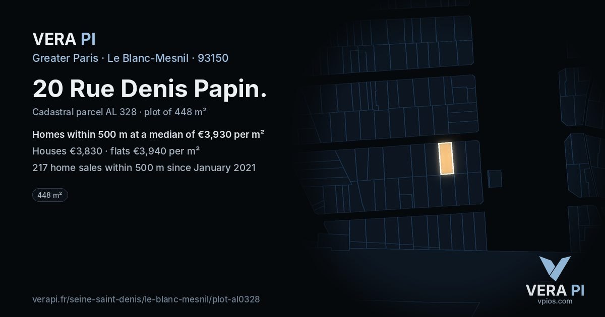 20 Rue Denis Papin, Le Blanc-Mesnil at night – the plot lit, the parcels around coloured by the prices near them