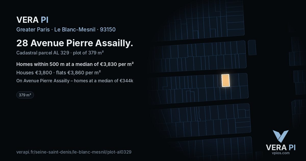 28 Avenue Pierre Assailly, Le Blanc-Mesnil at night – the plot lit, the parcels around coloured by the prices near them