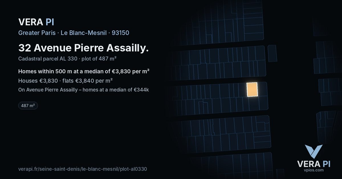 32 Avenue Pierre Assailly, Le Blanc-Mesnil at night – the plot lit, the parcels around coloured by the prices near them
