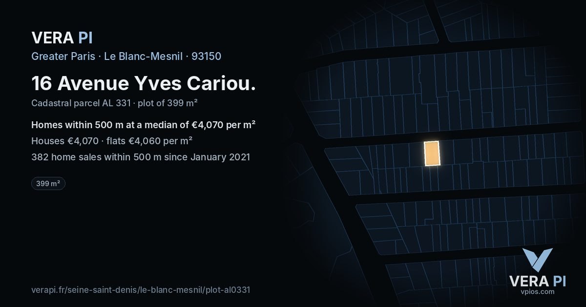16 Avenue Yves Cariou, Le Blanc-Mesnil at night – the plot lit, the parcels around coloured by the prices near them
