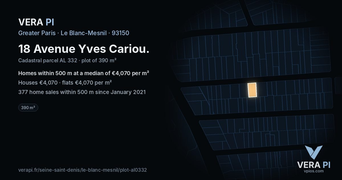 18 Avenue Yves Cariou, Le Blanc-Mesnil at night – the plot lit, the parcels around coloured by the prices near them