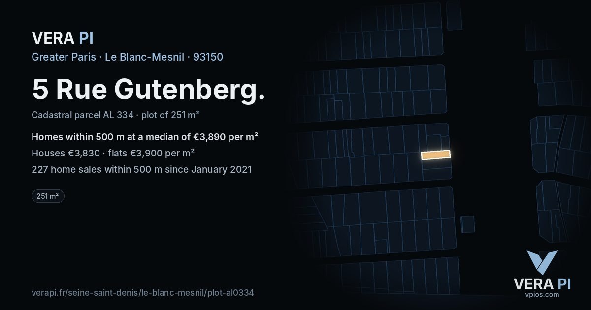 5 Rue Gutenberg, Le Blanc-Mesnil at night – the plot lit, the parcels around coloured by the prices near them