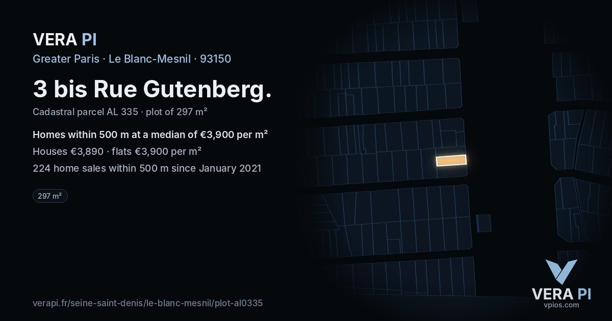 3 bis Rue Gutenberg, Le Blanc-Mesnil at night – the plot lit, the parcels around coloured by the prices near them