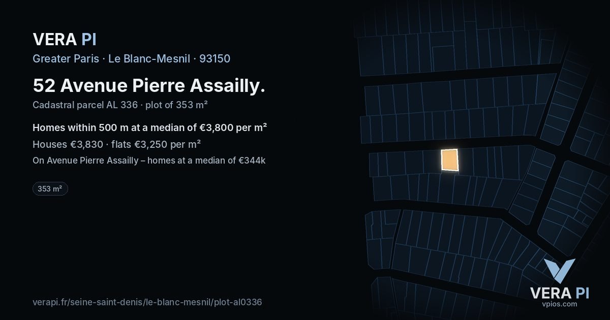 52 Avenue Pierre Assailly, Le Blanc-Mesnil at night – the plot lit, the parcels around coloured by the prices near them