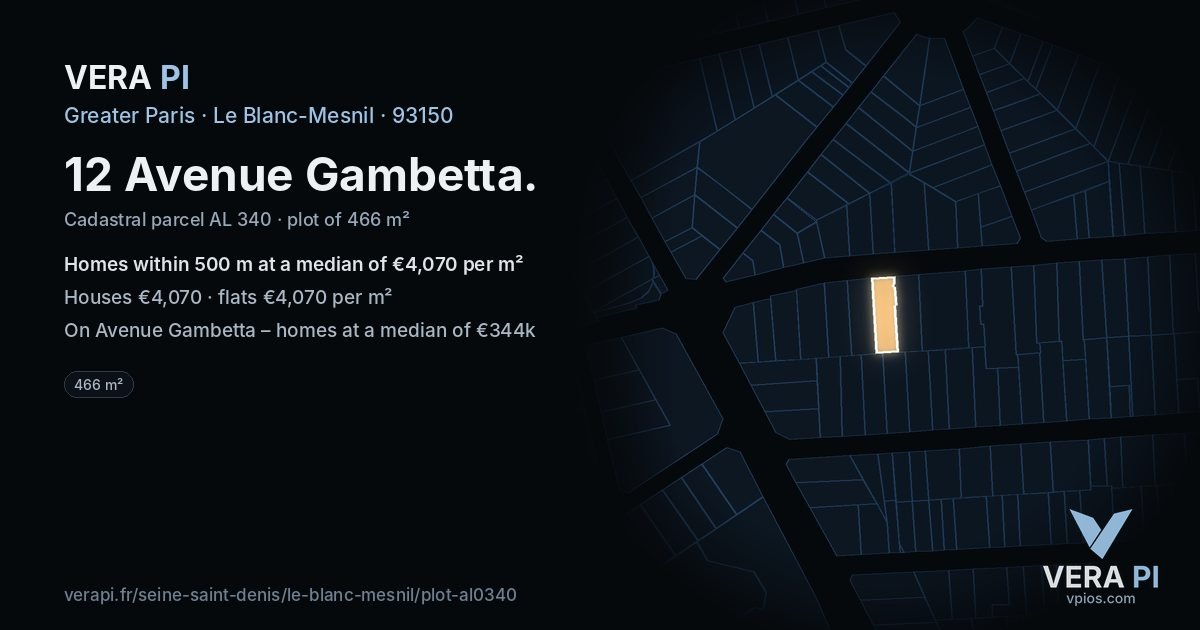 12 Avenue Gambetta, Le Blanc-Mesnil at night – the plot lit, the parcels around coloured by the prices near them