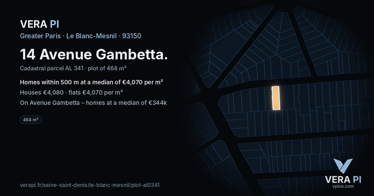 14 Avenue Gambetta, Le Blanc-Mesnil at night – the plot lit, the parcels around coloured by the prices near them