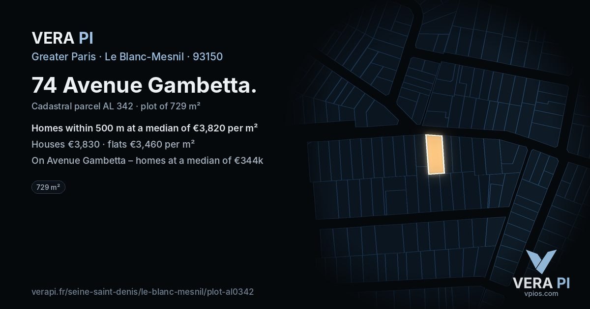 74 Avenue Gambetta, Le Blanc-Mesnil at night – the plot lit, the parcels around coloured by the prices near them