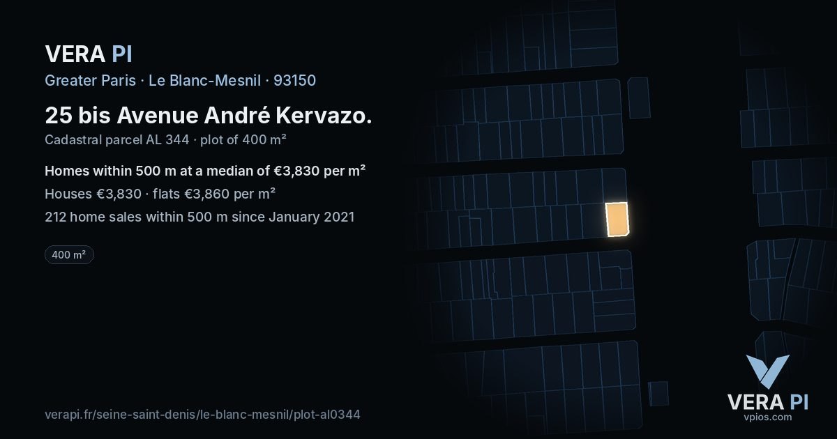 25 bis Avenue André Kervazo, Le Blanc-Mesnil at night – the plot lit, the parcels around coloured by the prices near them