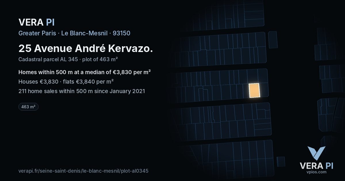 25 Avenue André Kervazo, Le Blanc-Mesnil at night – the plot lit, the parcels around coloured by the prices near them