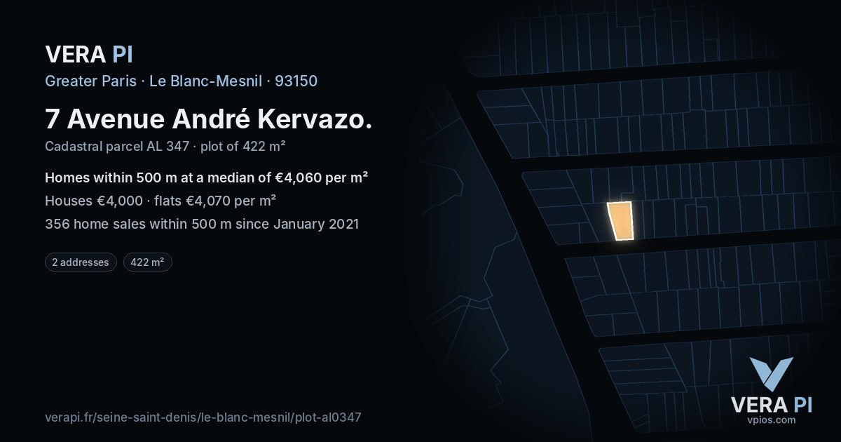 7 Avenue André Kervazo, Le Blanc-Mesnil at night – the plot lit, the parcels around coloured by the prices near them