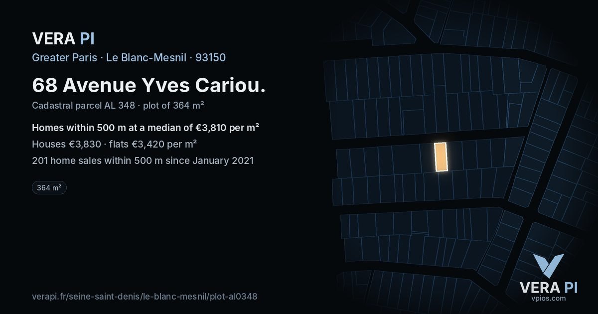 68 Avenue Yves Cariou, Le Blanc-Mesnil at night – the plot lit, the parcels around coloured by the prices near them