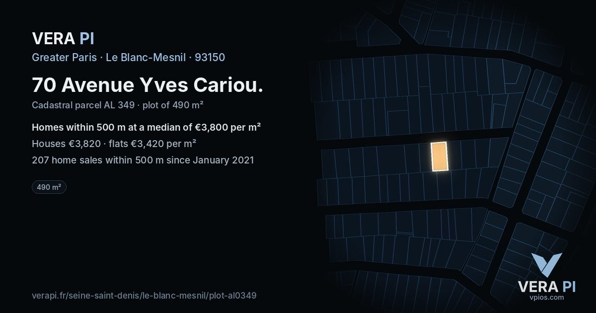 70 Avenue Yves Cariou, Le Blanc-Mesnil at night – the plot lit, the parcels around coloured by the prices near them