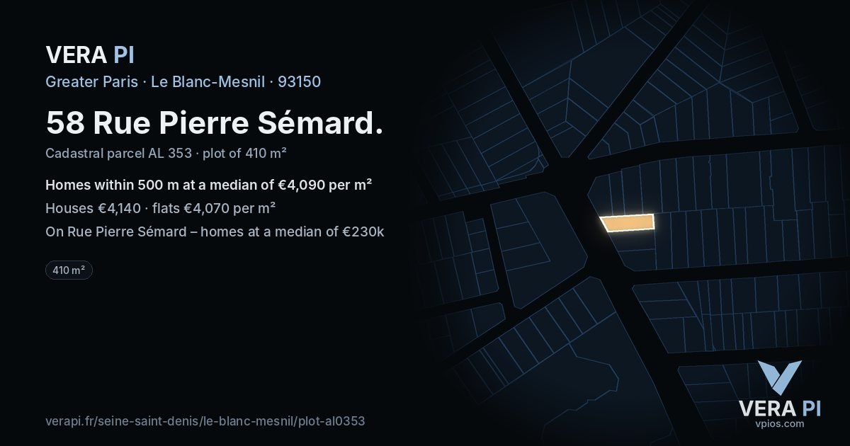 58 Rue Pierre Sémard, Le Blanc-Mesnil at night – the plot lit, the parcels around coloured by the prices near them
