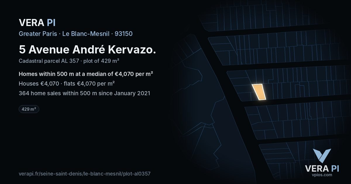 5 Avenue André Kervazo, Le Blanc-Mesnil at night – the plot lit, the parcels around coloured by the prices near them