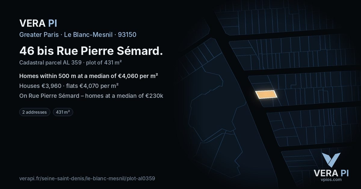 46 bis Rue Pierre Sémard, Le Blanc-Mesnil at night – the plot lit, the parcels around coloured by the prices near them