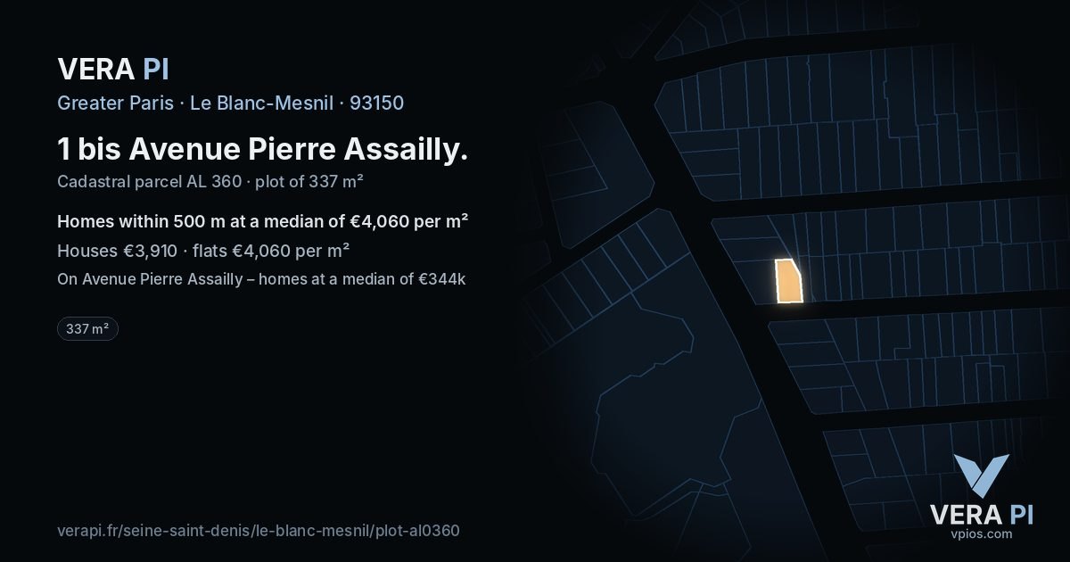 1 bis Avenue Pierre Assailly, Le Blanc-Mesnil at night – the plot lit, the parcels around coloured by the prices near them