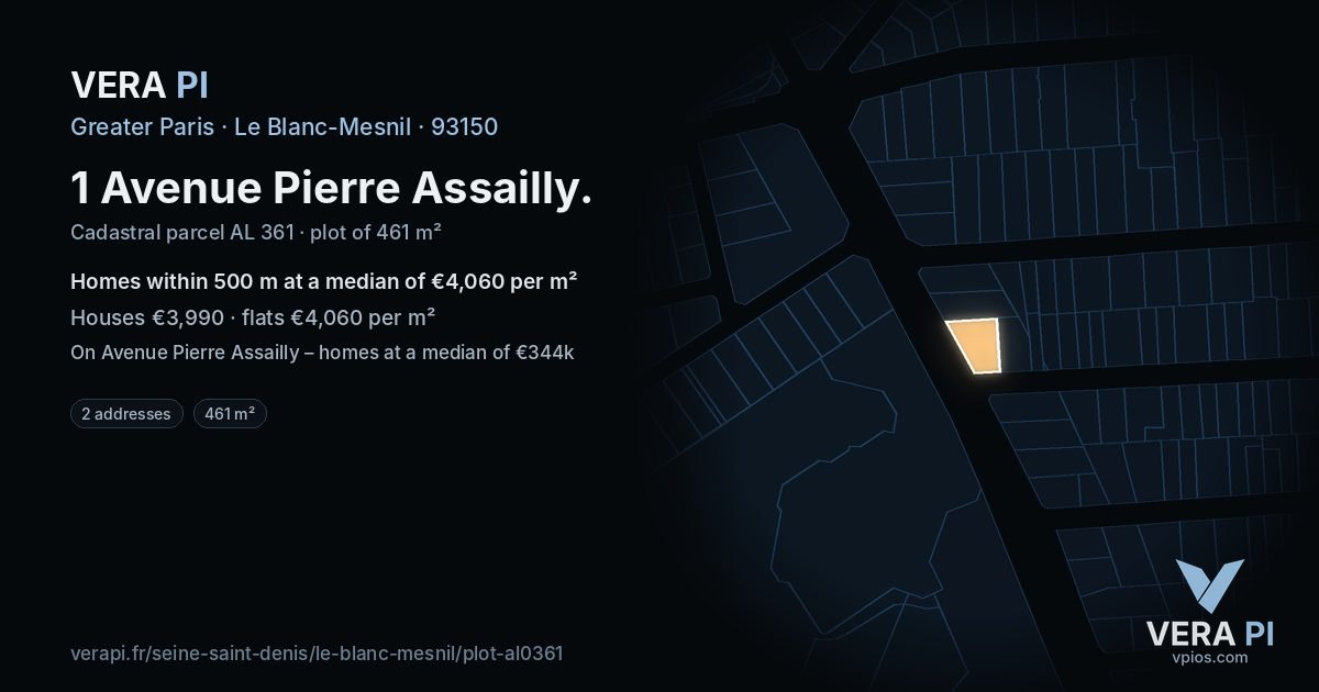 1 Avenue Pierre Assailly, Le Blanc-Mesnil at night – the plot lit, the parcels around coloured by the prices near them