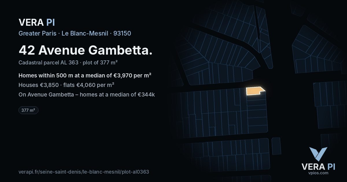 42 Avenue Gambetta, Le Blanc-Mesnil at night – the plot lit, the parcels around coloured by the prices near them