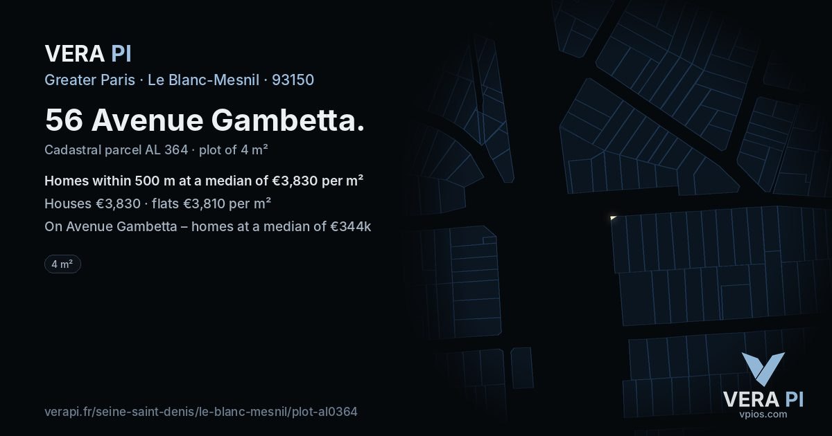56 Avenue Gambetta, Le Blanc-Mesnil at night – the plot lit, the parcels around coloured by the prices near them