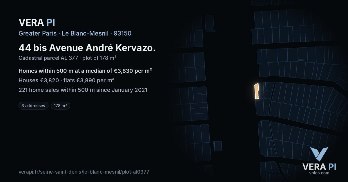 44 bis Avenue André Kervazo, Le Blanc-Mesnil at night – the plot lit, the parcels around coloured by the prices near them