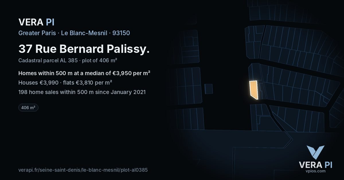 37 Rue Bernard Palissy, Le Blanc-Mesnil at night – the plot lit, the parcels around coloured by the prices near them