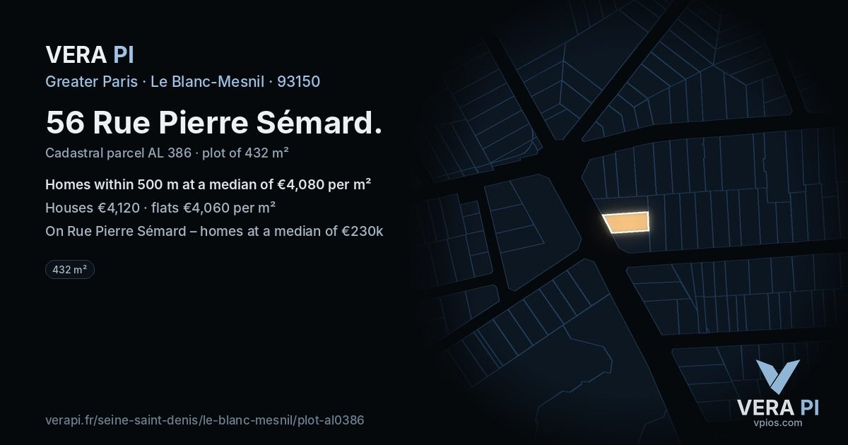 56 Rue Pierre Sémard, Le Blanc-Mesnil at night – the plot lit, the parcels around coloured by the prices near them