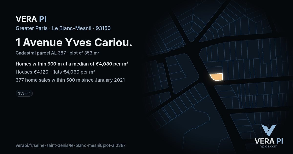 1 Avenue Yves Cariou, Le Blanc-Mesnil at night – the plot lit, the parcels around coloured by the prices near them