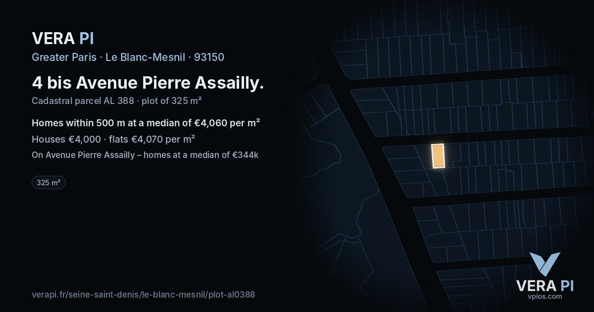 4 bis Avenue Pierre Assailly, Le Blanc-Mesnil at night – the plot lit, the parcels around coloured by the prices near them