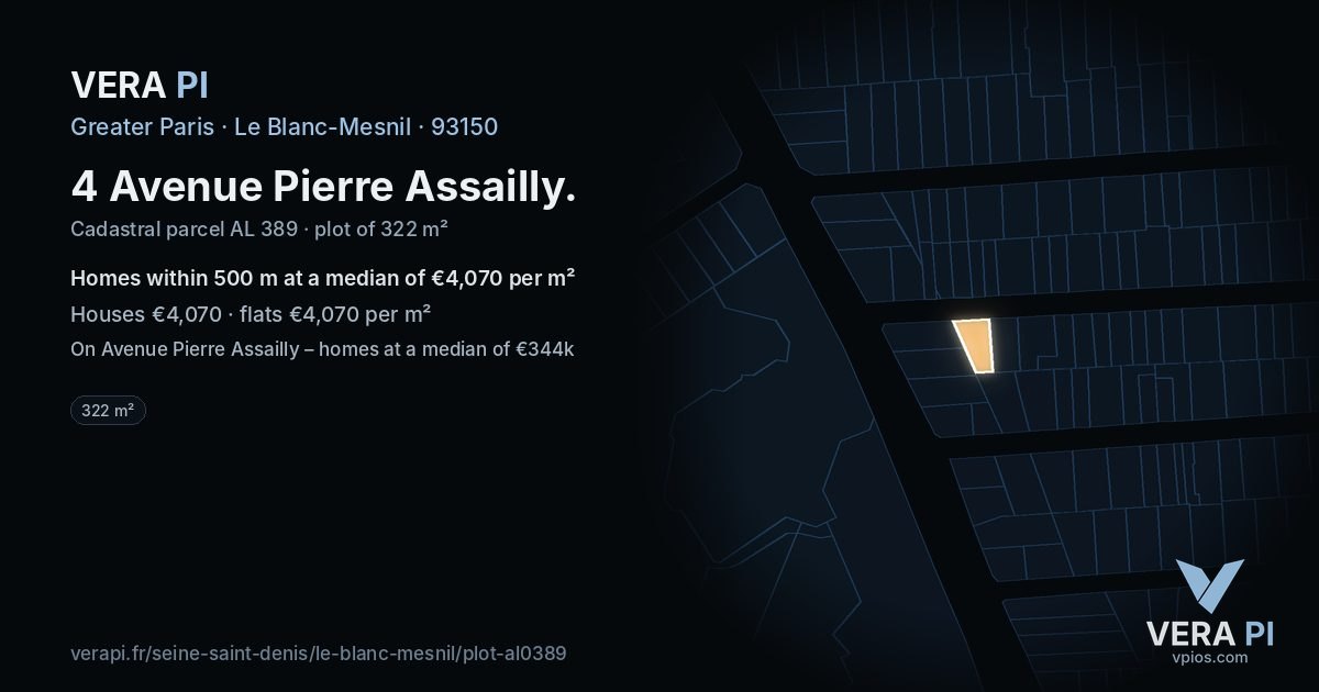 4 Avenue Pierre Assailly, Le Blanc-Mesnil at night – the plot lit, the parcels around coloured by the prices near them