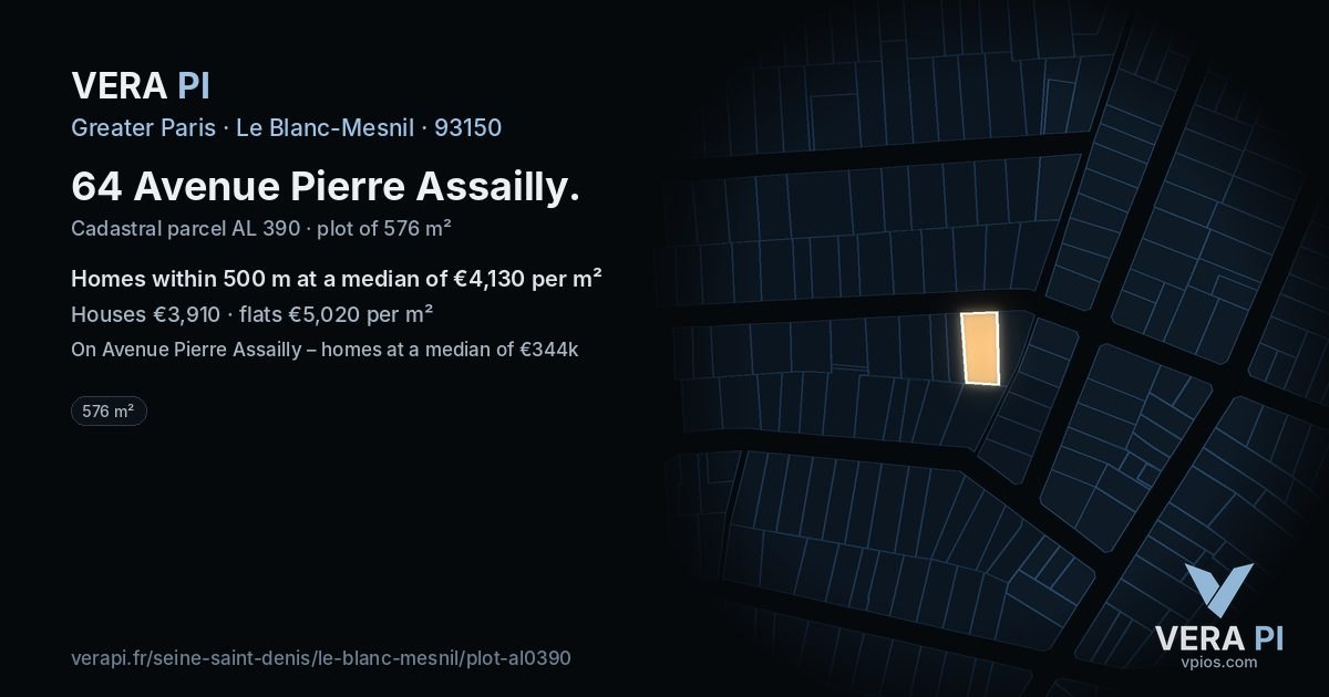 64 Avenue Pierre Assailly, Le Blanc-Mesnil at night – the plot lit, the parcels around coloured by the prices near them
