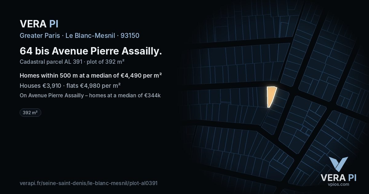 64 bis Avenue Pierre Assailly, Le Blanc-Mesnil at night – the plot lit, the parcels around coloured by the prices near them