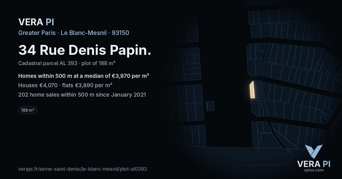 34 Rue Denis Papin, Le Blanc-Mesnil at night – the plot lit, the parcels around coloured by the prices near them