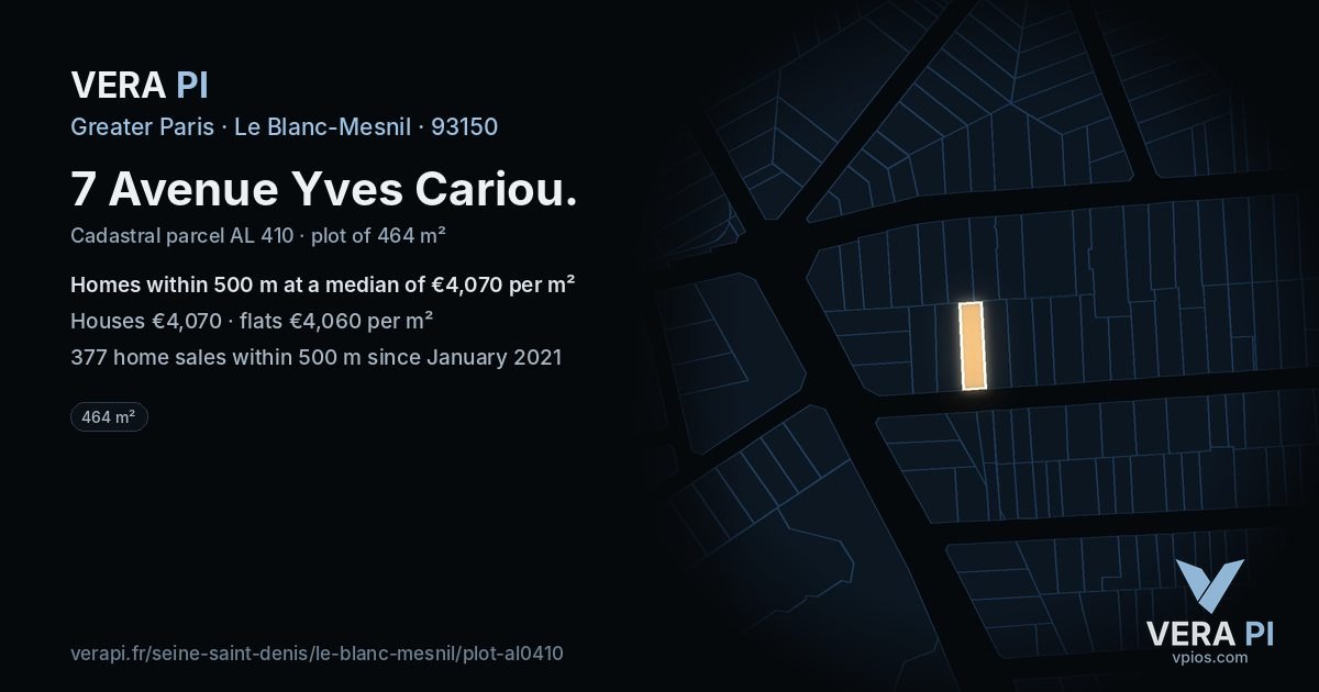 7 Avenue Yves Cariou, Le Blanc-Mesnil at night – the plot lit, the parcels around coloured by the prices near them