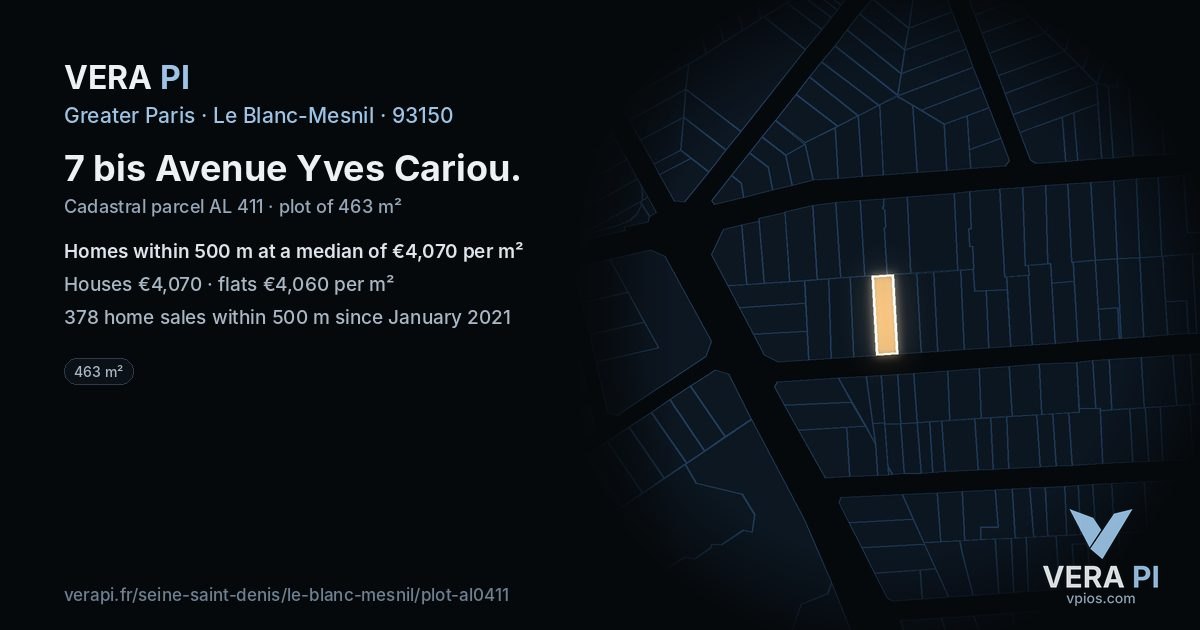 7 bis Avenue Yves Cariou, Le Blanc-Mesnil at night – the plot lit, the parcels around coloured by the prices near them