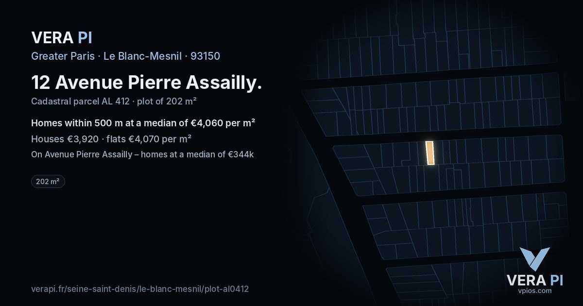 12 Avenue Pierre Assailly, Le Blanc-Mesnil at night – the plot lit, the parcels around coloured by the prices near them