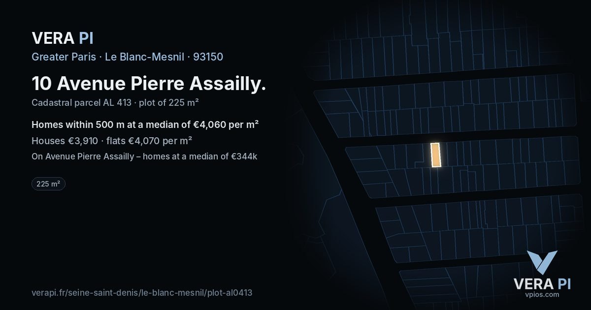 10 Avenue Pierre Assailly, Le Blanc-Mesnil at night – the plot lit, the parcels around coloured by the prices near them