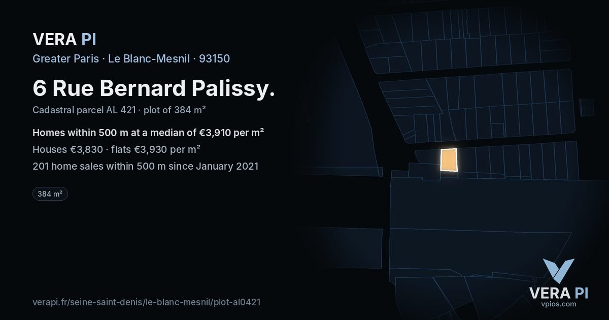 6 Rue Bernard Palissy, Le Blanc-Mesnil at night – the plot lit, the parcels around coloured by the prices near them