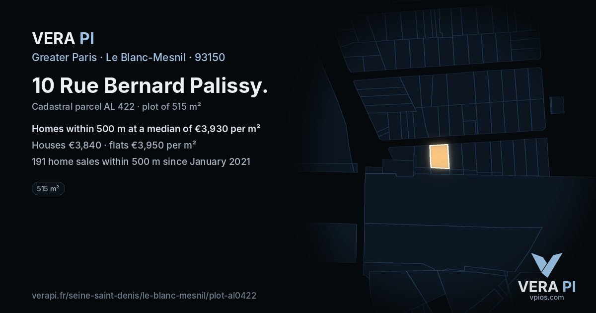 10 Rue Bernard Palissy, Le Blanc-Mesnil at night – the plot lit, the parcels around coloured by the prices near them