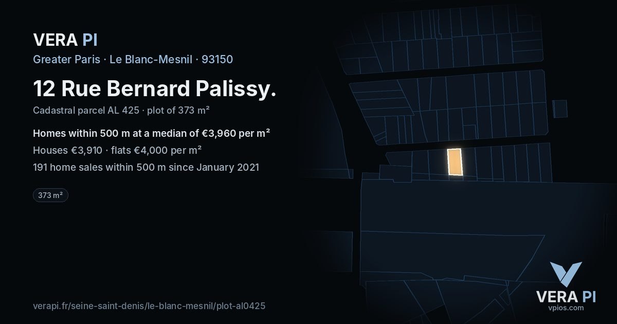 12 Rue Bernard Palissy, Le Blanc-Mesnil at night – the plot lit, the parcels around coloured by the prices near them