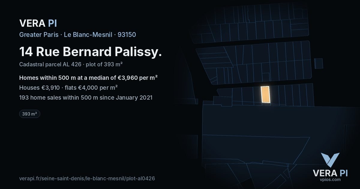 14 Rue Bernard Palissy, Le Blanc-Mesnil at night – the plot lit, the parcels around coloured by the prices near them