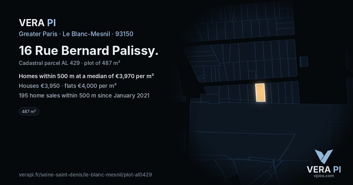 16 Rue Bernard Palissy, Le Blanc-Mesnil at night – the plot lit, the parcels around coloured by the prices near them