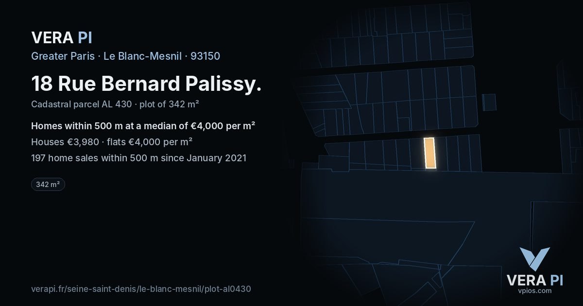 18 Rue Bernard Palissy, Le Blanc-Mesnil at night – the plot lit, the parcels around coloured by the prices near them