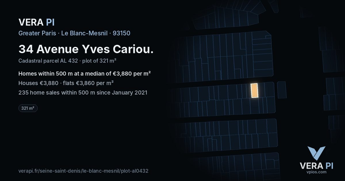 34 Avenue Yves Cariou, Le Blanc-Mesnil at night – the plot lit, the parcels around coloured by the prices near them