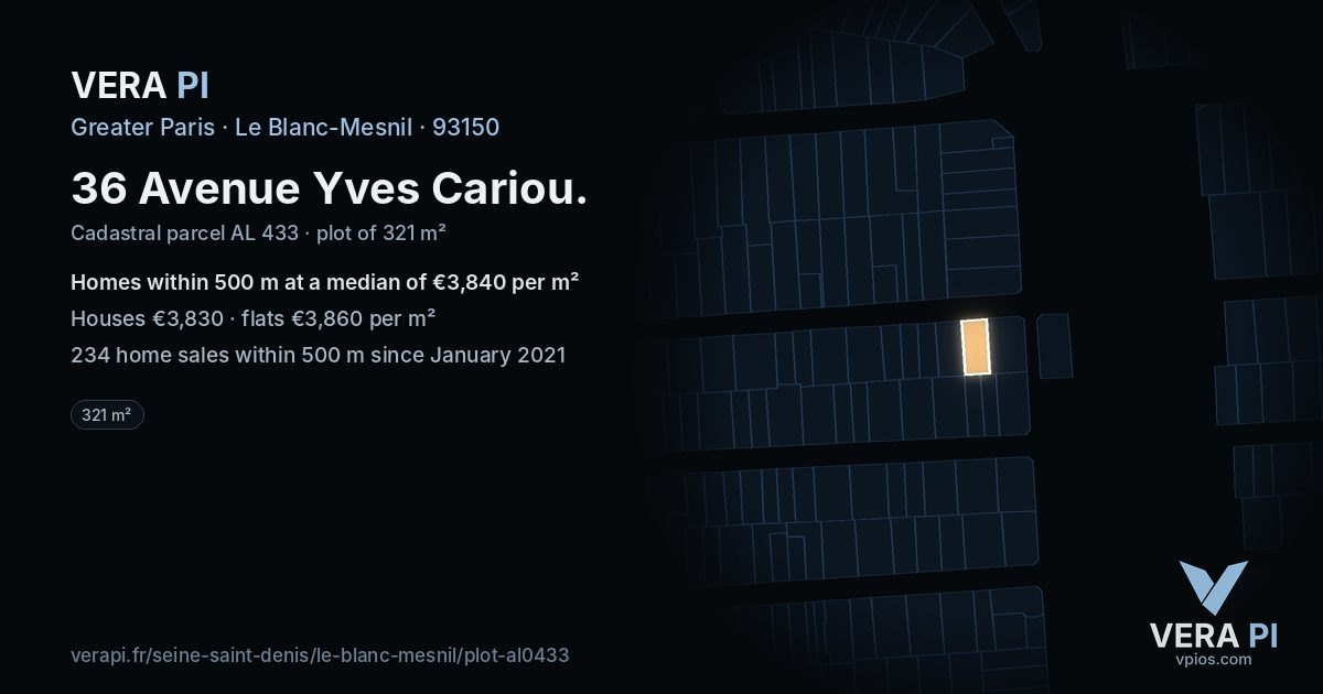 36 Avenue Yves Cariou, Le Blanc-Mesnil at night – the plot lit, the parcels around coloured by the prices near them